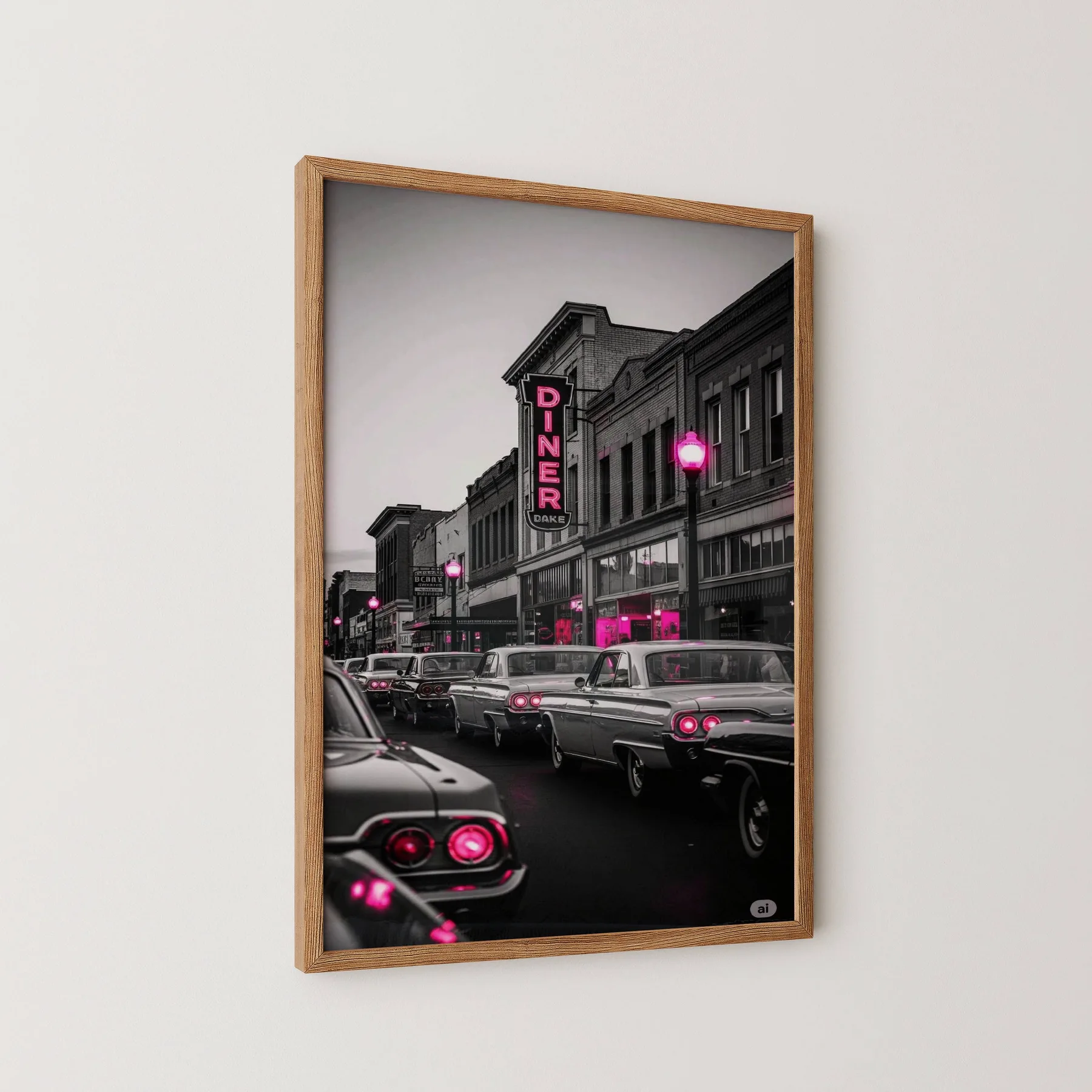 Pembe Işıklı Retro Cadde 1 Adet Masif Ahşap Tablo - natürel çerçeve, açılı görünüm