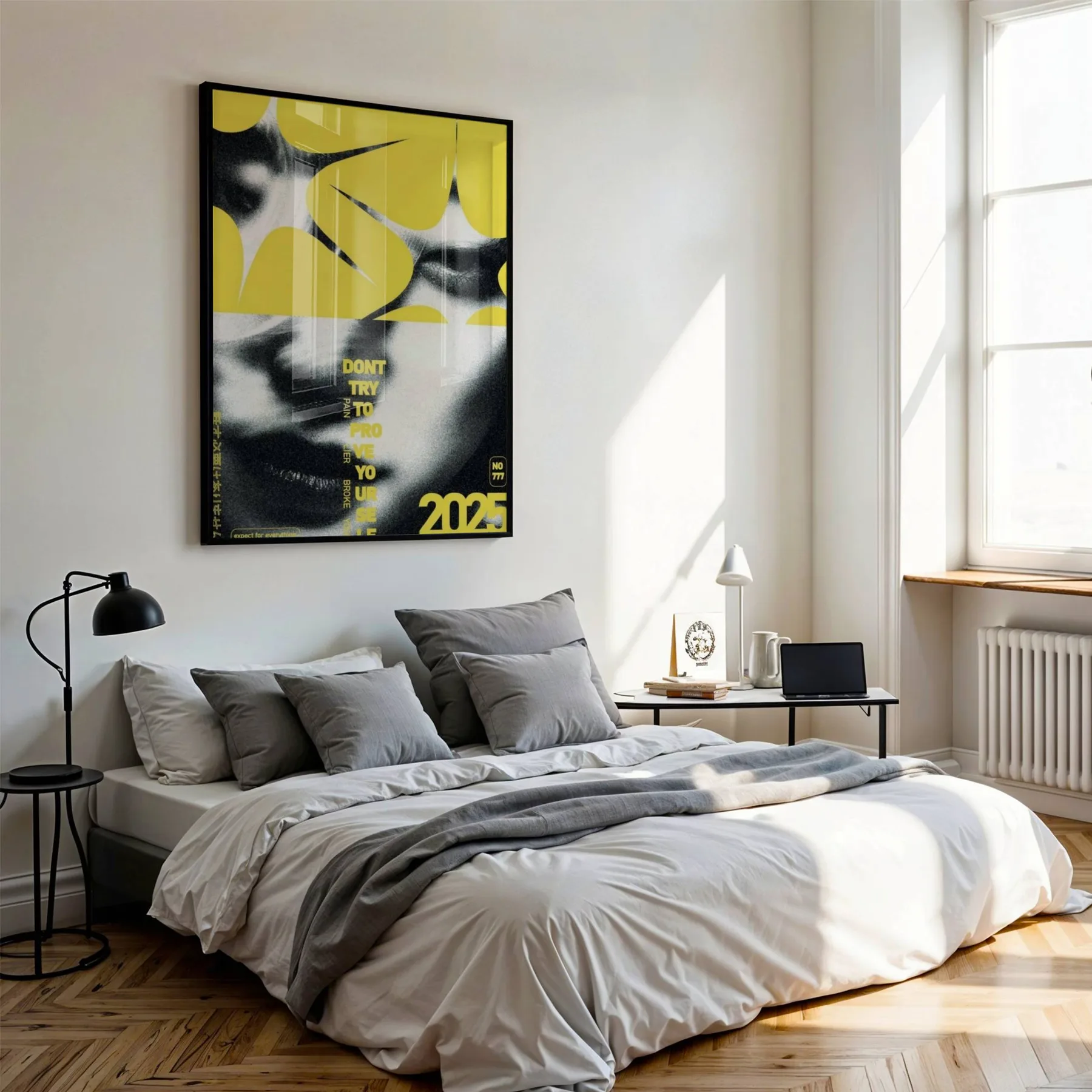 Sarı Yüz Kolajı Pop Art Tablo 1 Adet Masif Ahşap Çerçeveli, siyah çerçeve, yatak odası duvarında
