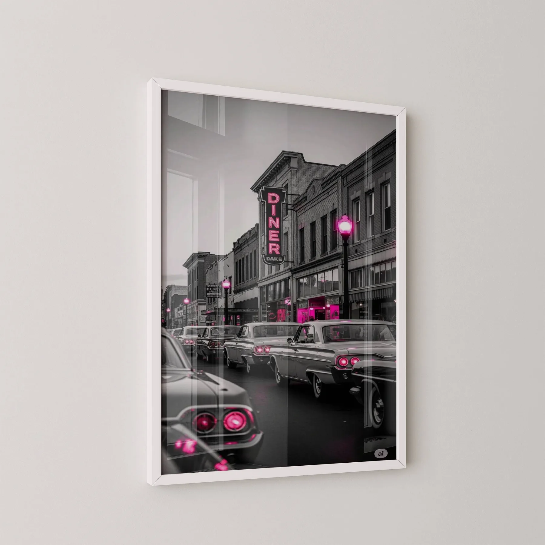 Pembe Işıklı Retro Cadde 1 Adet Masif Ahşap Tablo - beyaz çerçeve, açılı görünüm