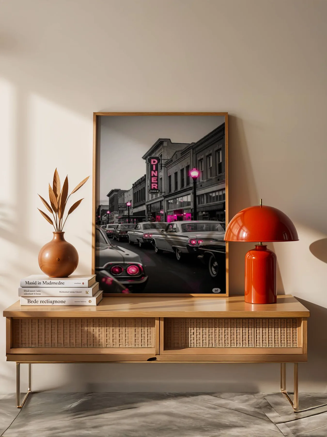 Pembe Işıklı Retro Cadde 1 Adet Masif Ahşap Tablo, natürel çerçeve, rattan konsol üzerinde
