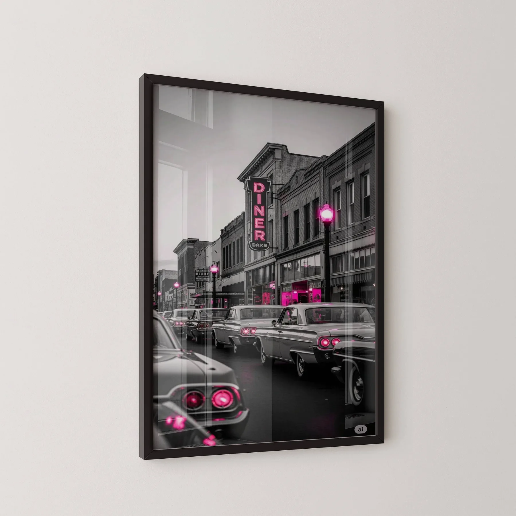 Pembe Işıklı Retro Cadde 1 Adet Masif Ahşap Tablo - siyah çerçeve, açılı görünüm