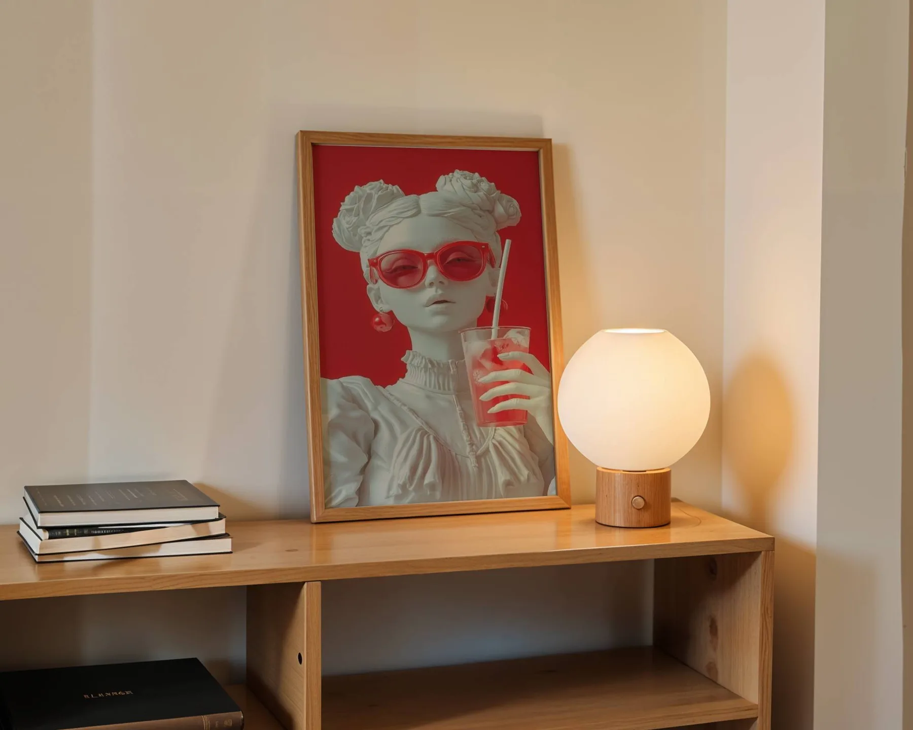 Kırmızı Gözlüklü Heykel Tablosu Tek Parça Masif Ahşap Çerçeveli, natürel çerçeve, konsol üzerinde