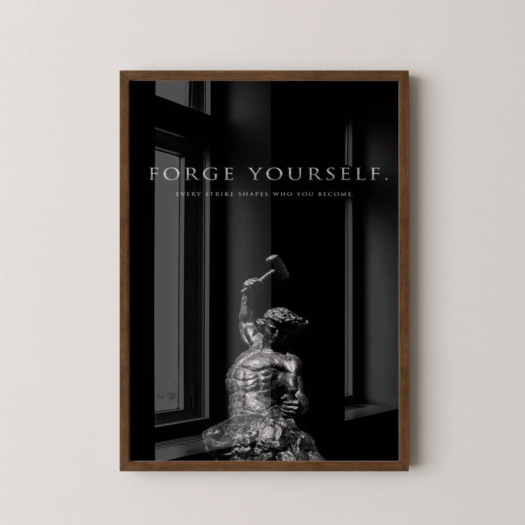 Forge Yourself Motivasyon Tablosu Tek Parça Masif Ahşap Çerçeveli - ceviz çerçeve, önden