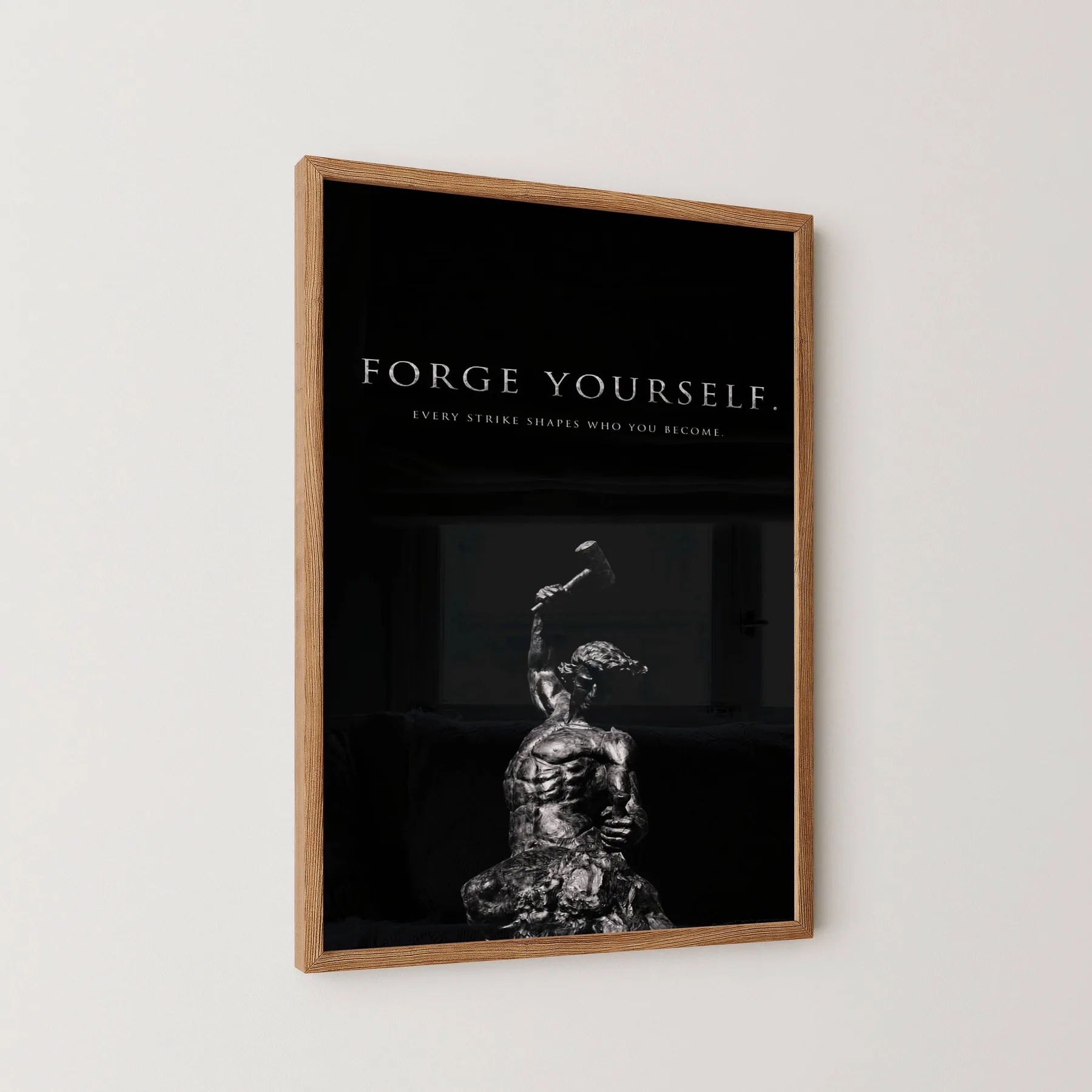 Forge Yourself Motivasyon Tablosu Tek Parça Masif Ahşap Çerçeveli - natürel çerçeve, açılı görünüm