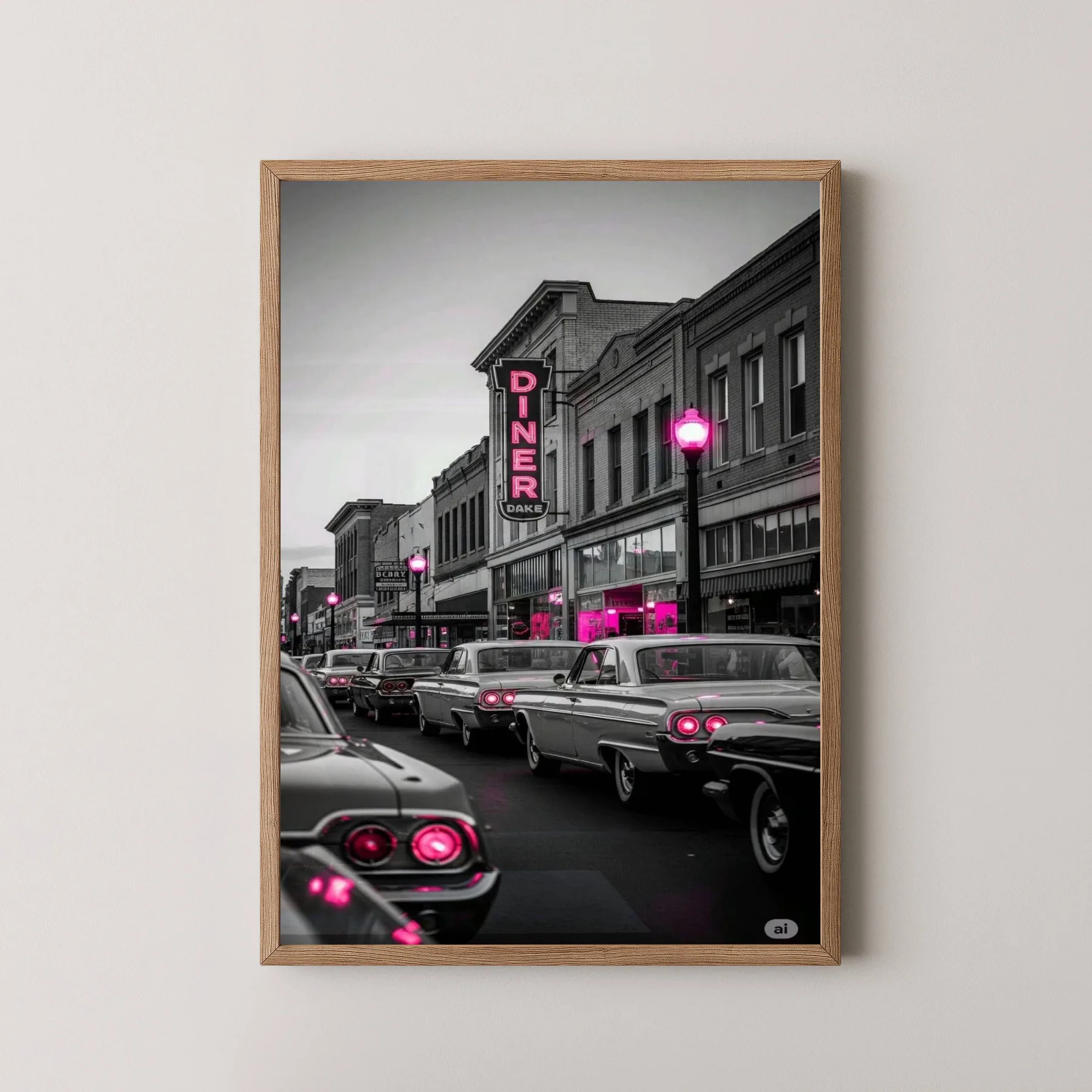 Pembe Işıklı Retro Cadde 1 Adet Masif Ahşap Tablo - natürel çerçeve, önden