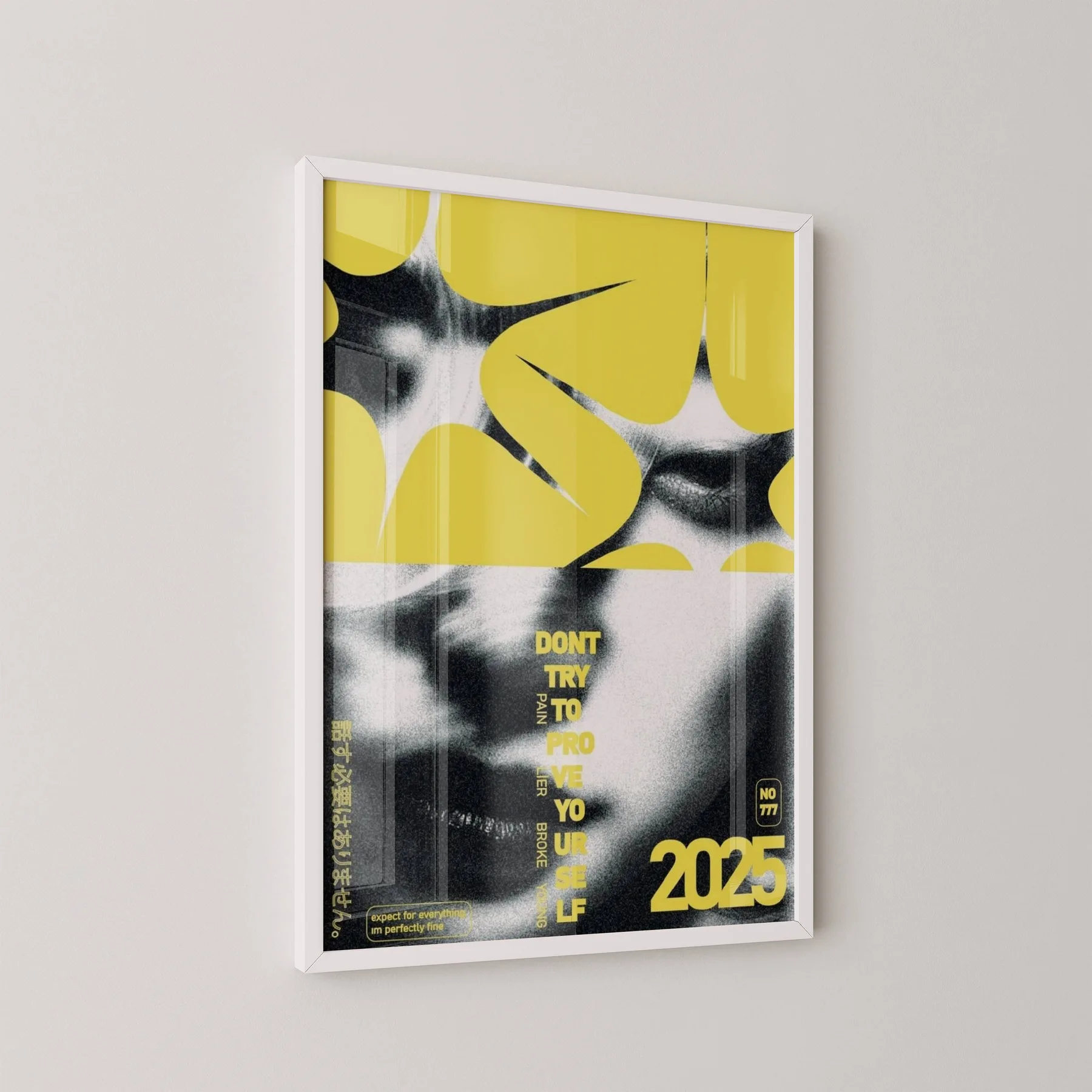 Sarı Yüz Kolajı Pop Art Tablo 1 Adet Masif Ahşap Çerçeveli - beyaz çerçeve, açılı görünüm