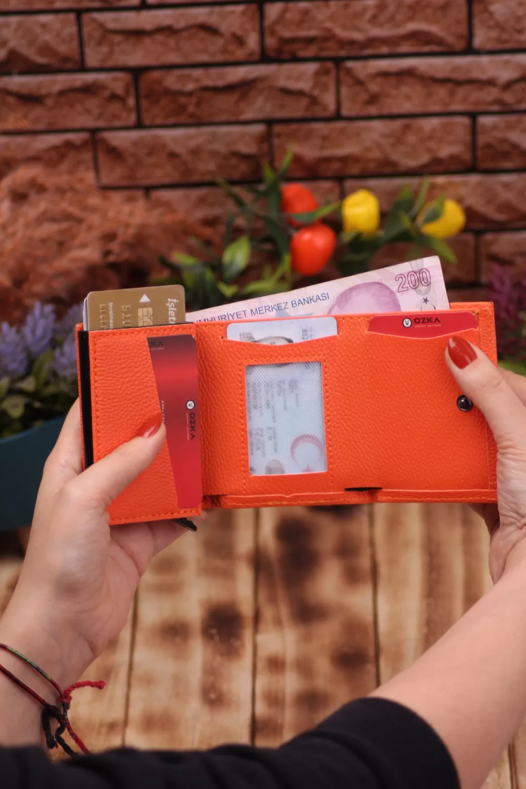 Suni Deri Mekanizmalı Vegan Deri Kartlık Cüzdan Portföy Turuncu