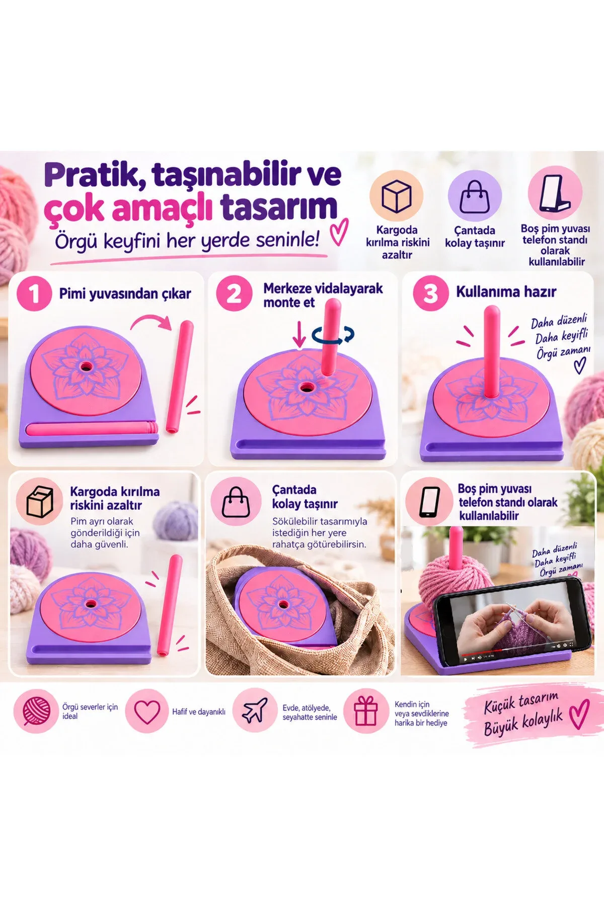 Sök-Tak Pimli Yumak Döndürücü – Taşınabilir Örgü Aparatı ve Telefon Standı 2