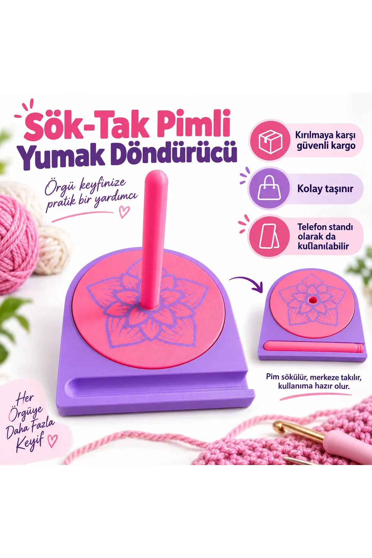 Sök-Tak Pimli Yumak Döndürücü – Taşınabilir Örgü Aparatı ve Telefon Standı 1